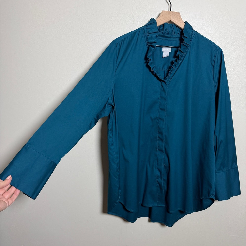 Chicos No Iron Ruffle Neck Blouse Teal Blue Button Up Top‎ 3 XL Office Career